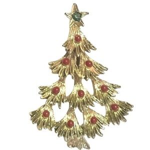 Vintage‎ Gerrys Christmas Tree Brooch Pin Green Rhinestone Star Red Beads